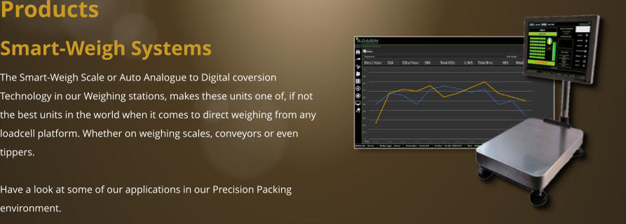 Products Smart-Weigh Systems The Smart-Weigh Scale or Auto Analogue to Digital coversion Technology in our Weighing stations, makes these units one of, if not the best units in the world when it comes to direct weighing from any loadcell platform. Whether on weighing scales, conveyors or even tippers.  Have a look at some of our applications in our Precision Packing environment.
